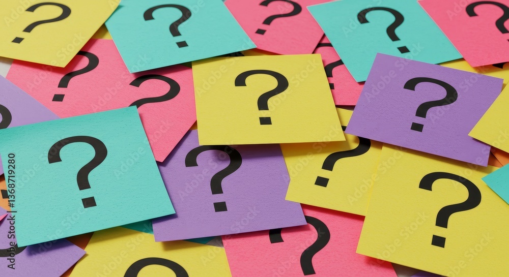 Poster unanswered questions concept - colorful sticky notes with question marks, representing uncertainty, 