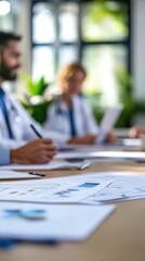 Doctors in meeting, reviewing charts, modern office, collaborative discussion