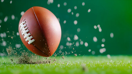 A football is airborne as dirt flies off the field, showcasing a dynamic sporting moment
