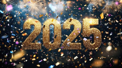 Glittering gold numbers "2025" surrounded by confetti and fireworks for New Year celebrations