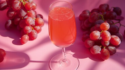 Anonymous person taking glass of tasty juice in glass placed on pink background with ripe grapes