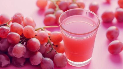 Anonymous person taking glass of tasty juice in glass placed on pink background with ripe grapes