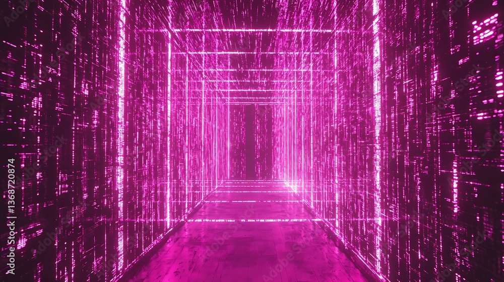 Poster abstract digital tunnel with glowing pink lines and code