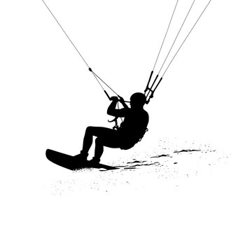 A silhouette of a kite surfer catching the wind, isolated on a white background.