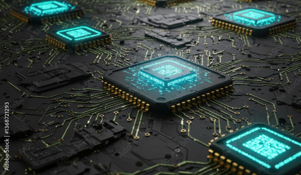 Poster close-up of microchips on a circuit board with green lighting and black background. themes of techno