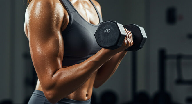 mulher musculosa praticando muscula&ccedil;&atilde;o com halter, biceps, m&uacute;sculos