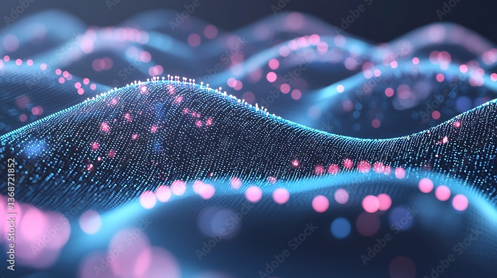 Fototapete Abstract digital landscape of interconnected data points.  A mesmerizing display of glowing particles forming undulating waves, creating a sense of dynamic movement and complex information. 
