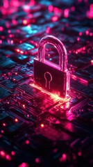 Digital lock symbolizing cyber security in a vibrant technological environment with glowing circuit patterns