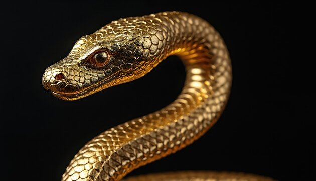 A golden snake sculpture with its head raised up against a black background. The metallic snake shows scales detail. Art piece represents wealth power and luxury. Symbol of transformation.