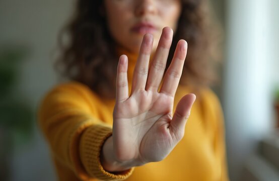 Close-up young woman palm hand making stop gesture. Say no concept against domestic violence abortion bullying at school. Protest, human rights, stop sign.
