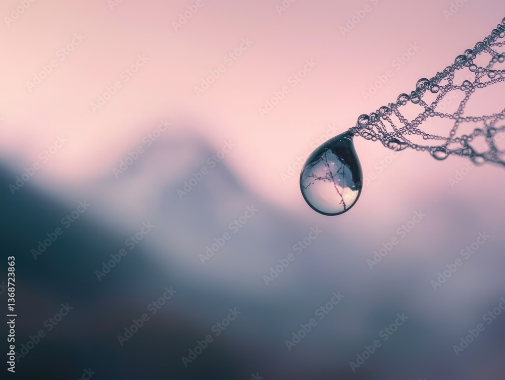Aufkleber a delicate water droplet hangs from a spiderweb, reflecting the surrounding environment with soft pi