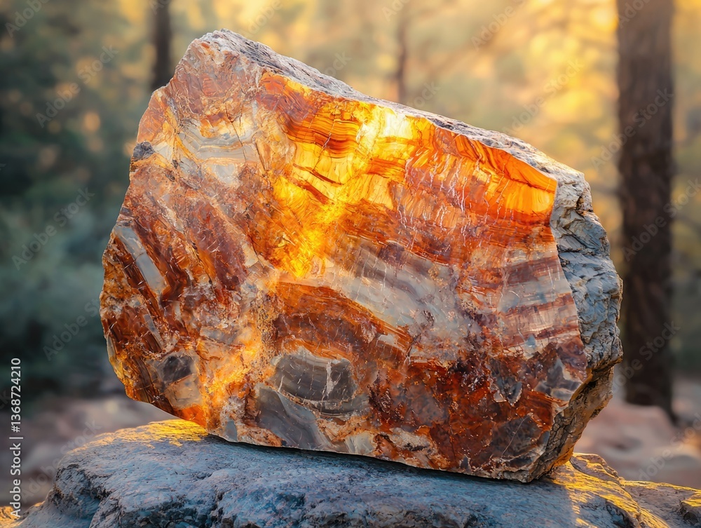 Poster sunlit translucent petrified wood stone in a forest setting, displaying intricate patterns and warm,
