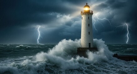 Lighthouse during a dramatic thunderstorm, waves crashing against the rocks, a beacon of hope amidst the chaos.