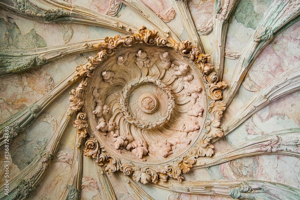 Poster detailed view of an ornate ceiling featuring intricate carvings, swirls, and patterns with a central