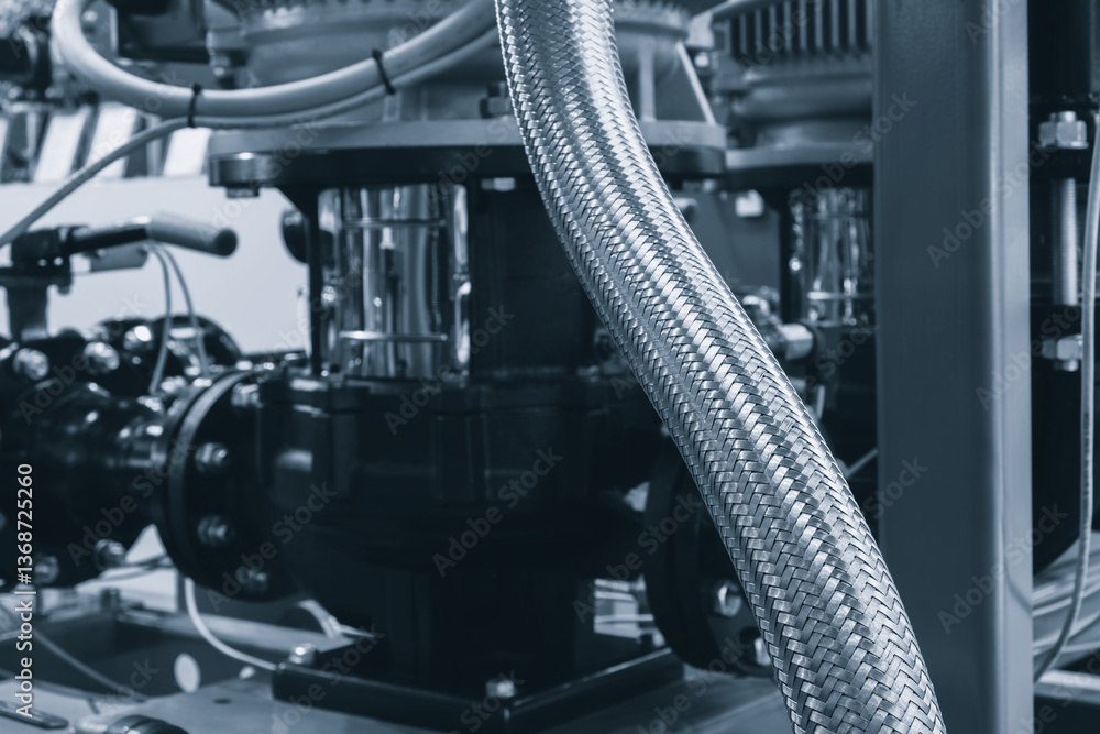 Poster A long, silver pipe is connected to a red and silver machine. The pipe is made of a durable material and is designed to withstand high temperatures and pressures