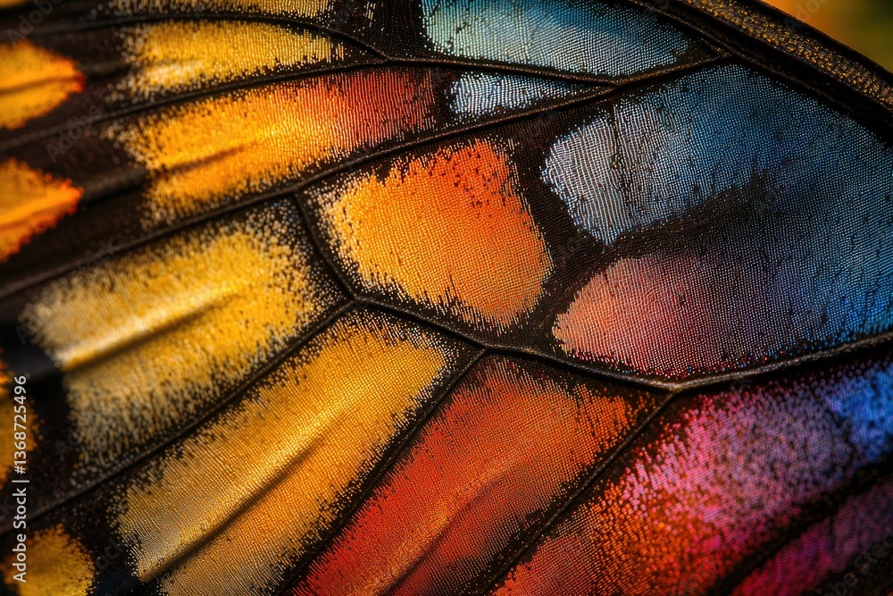 Poster a macro shot of a butterfly wing showing its intricate colorful patterns and textures in close detai
