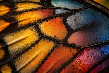 A macro shot of a butterfly wing showing its intricate colorful patterns and textures in close detail.