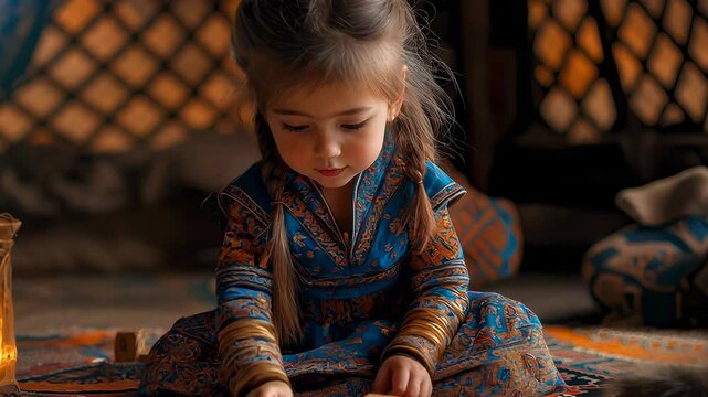 Mongolian girl joyfully playing with wooden toys in traditional setting during afternoon light