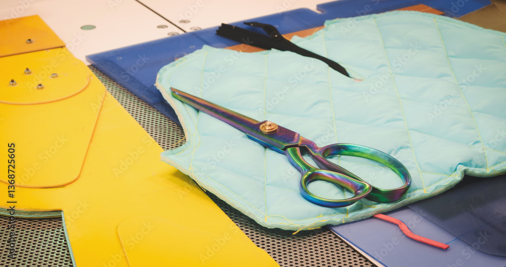Aufkleber a pair of scissors are lying on a blue blanket. the scissors are metal and have a rainbow handle. co