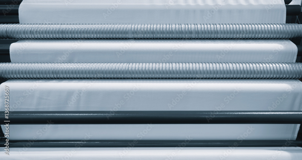 Leinwandbilder A roll of white fabric is being made in a factory. rolls are stacked on top of each other, and  process is automated. Concept of efficiency and precision