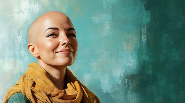 Smiling bald woman wearing scarf, fight against cancer. World Cancer Day. Digital illustration. Generative AI.