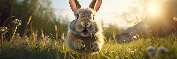 Obraz premium bunny runs along lawn against the backdrop of a sunny lawn,