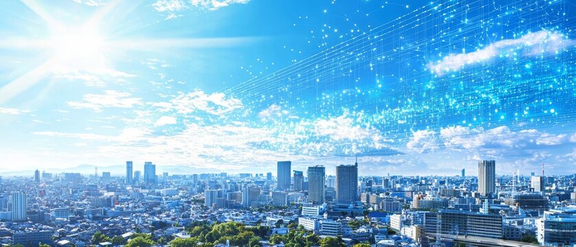 A panoramic view of a smart city highlighting infrastructural connectivity and sustainability.