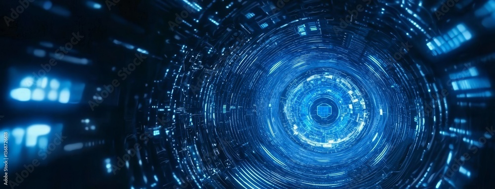 Poster a captivating visualization of an abstract tunnel infused with modern tech aesthetics.