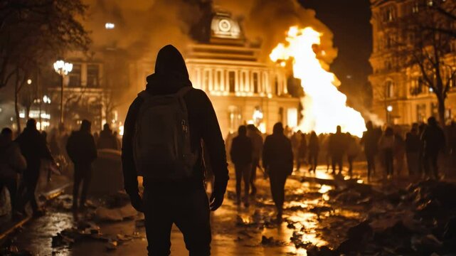 A hooded figure stands amid a chaotic urban protest at night with flames engulfing, symbolizing unrest, resistance, and social tension.