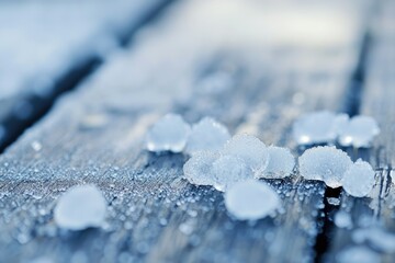 Close-up of translucent ice pellets scattered across a weathered wooden surface, glistening with a fresh layer of frost.