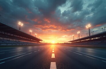 Obraz premium Evening scene asphalt international race track with starting line. Dramatic sunset over empty stadium arena, highway. Concept of success competition victory. Motorsport event. Fast speed on circuit