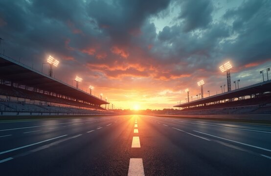 Evening scene asphalt international race track with starting line. Dramatic sunset over empty stadium arena, highway. Concept of success competition victory. Motorsport event. Fast speed on circuit