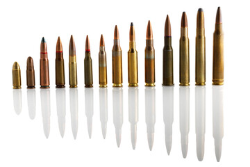 Military cartridges isolated on white background close-up. Full depth of field.
