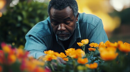 Elderly Man Tending to Vibrant Flowers in a Garden on a Sunny Afternoon