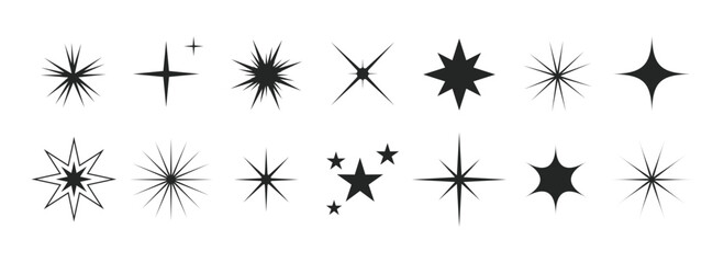 Retro futuristic sparkle icons set. Abstract glowing star shapes collection. Shiny burst symbols for logos, banners, posters, business cards, and digital designs.