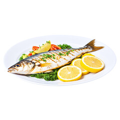 Grilled Fish on a plate isolated on transparent background