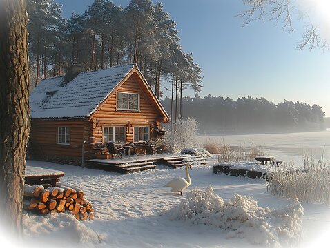 Snowy log cabin by frozen lake with swan.