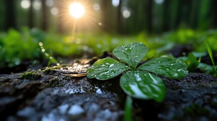 Dew-kissed clover in forest floor bathed in sunlight