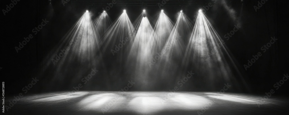 Poster a dark stage with spotlights shining down creating a dreamy atmosphere.