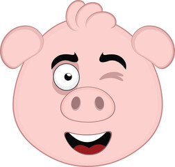 vector illustration emoji character face pig cartoon, with a cheerful expression and winking eye