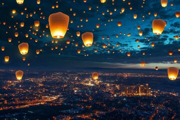 Witness the breathtaking beauty of sky lanterns soaring over a vibrant urban skyline.