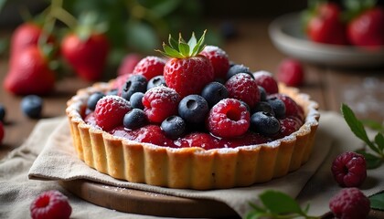 Red fruit tart with strawberries, raspberries and blueberries, decorated with powdered sugar.