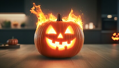 Halloween Pumpkin on Fire Kitchen