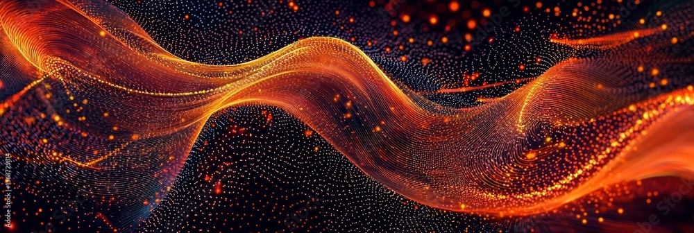 Poster captivating abstract representation of orange particles in motion.