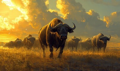 Herd of buffalo marching across the savanna in warm sunlight
