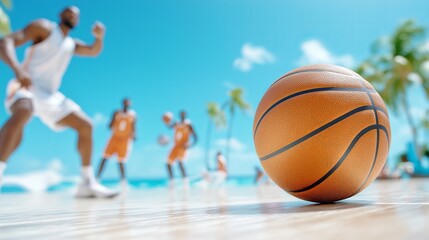Outdoor basketball game by the beach: focus on ball and players