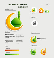Creative Islamic Logo Set with Crescent Moon and Green Mosque Design