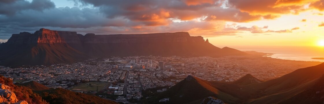 Aerial panorama of Cape Town at sunset. Table Mountain silhouette, urban city, coastline, sea, and majestic mountains illuminated by warm sunlight. Travel to South Africa. - Powered by Adobe