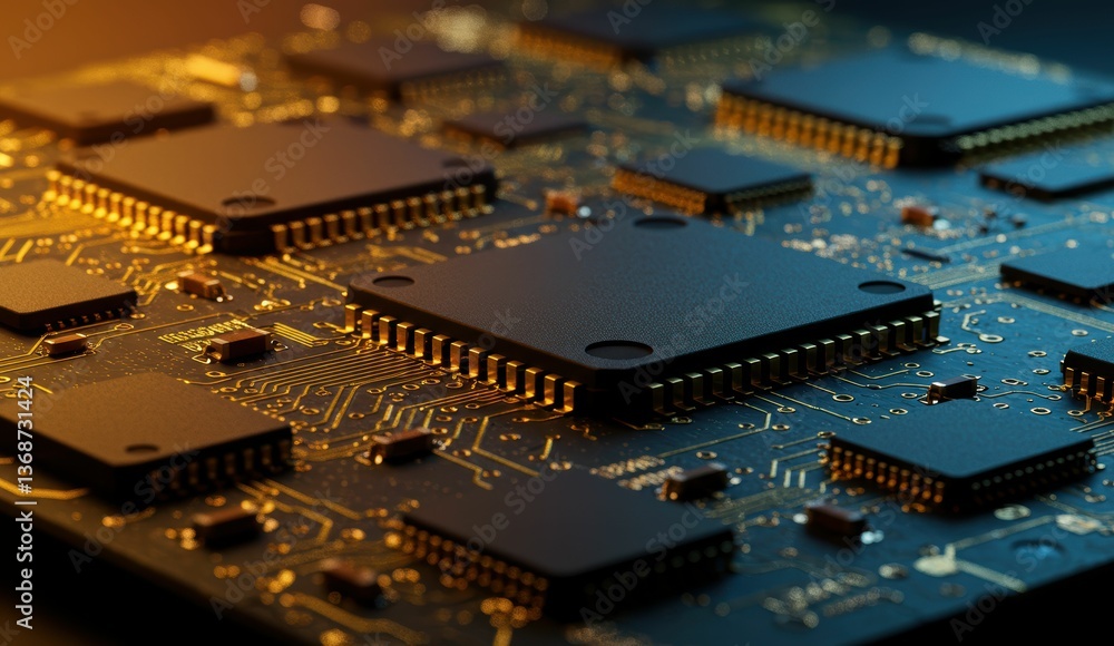 Poster close-up of computer chip on circuit board showcasing technology and innovation.