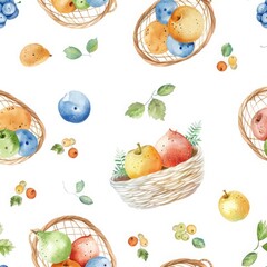 Seamless pattern baskets of fruits on white background watercolor drawing abstract illustration